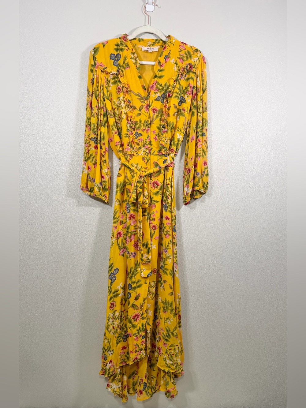 Rene Derhy Dress Yellow Pink Floral Maxi Button Down Flowy Tie Belt Women L - Picture 1 of 8